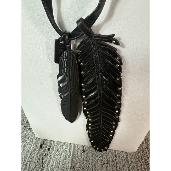 NWT Coach Black Metal and Leather Strap Feather Necklace 28" - Picture 13 of 15